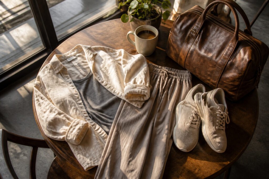 A variety of travel outfit essentials displayed on a stylish airport chair.