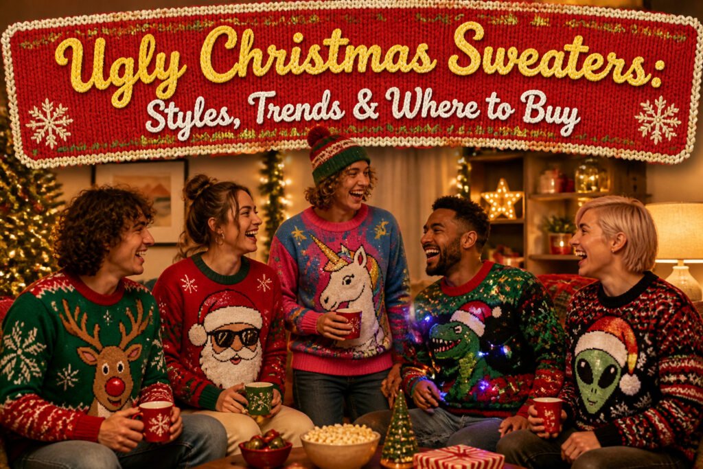 Various ugly Christmas sweaters displayed together, highlighting different styles and patterns.