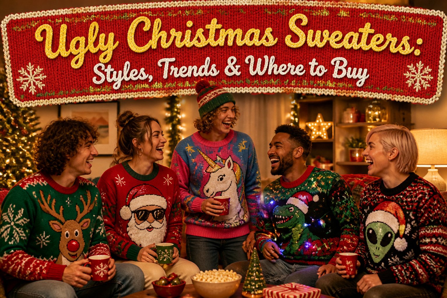 Various ugly Christmas sweaters displayed together, highlighting different styles and patterns.