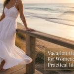 A variety of vacation outfits including sundresses, shorts, and swimwear.