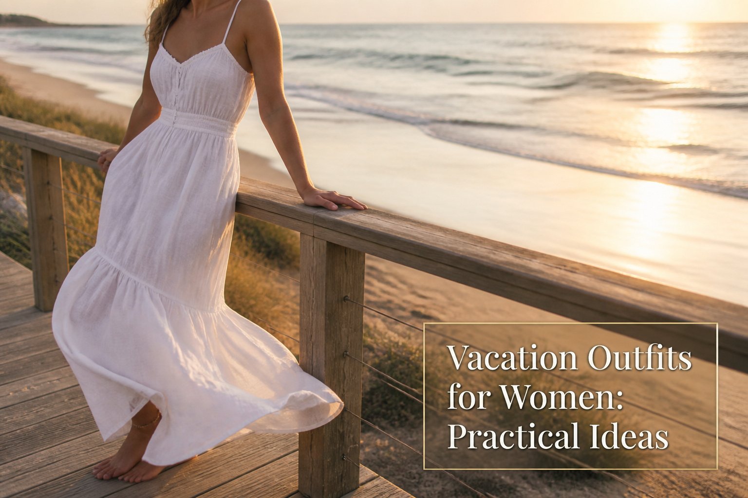 A variety of vacation outfits including sundresses, shorts, and swimwear.