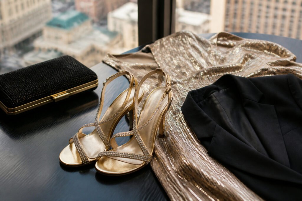 A vibrant outfit displayed against a colorful Las Vegas backdrop.