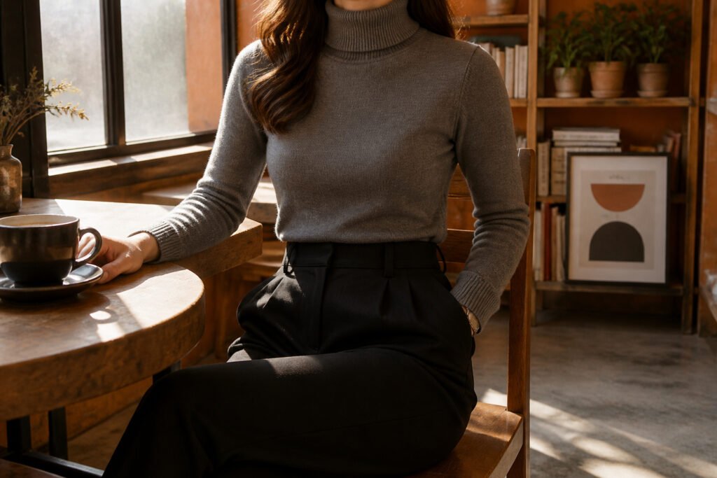 Various winter business casual outfits arranged in a modern office.