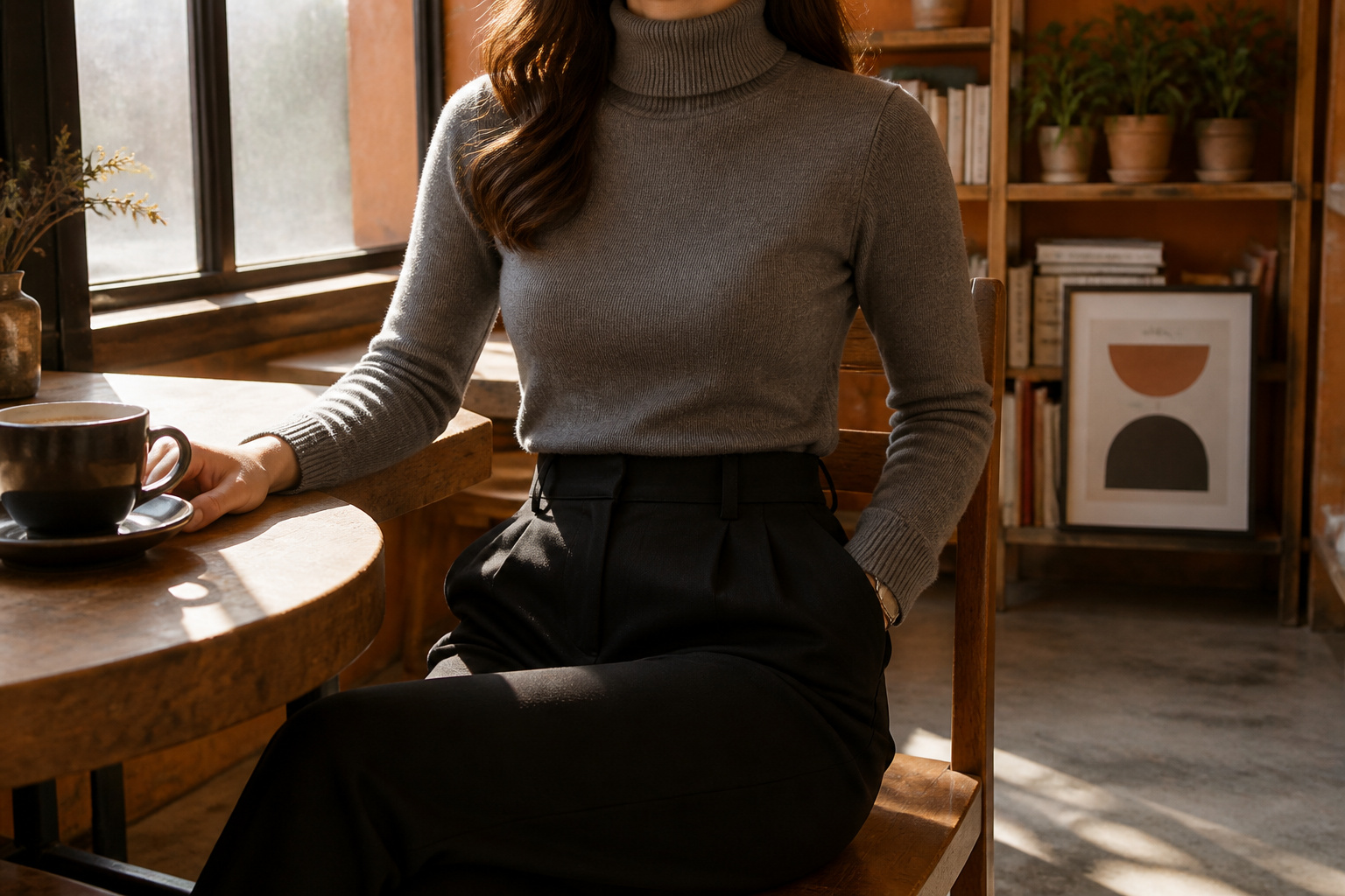 Various winter business casual outfits arranged in a modern office.