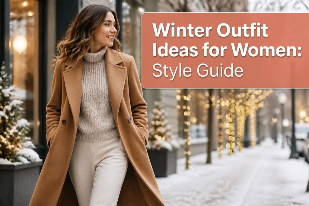 A woman wearing multiple winter outfits in an urban environment.