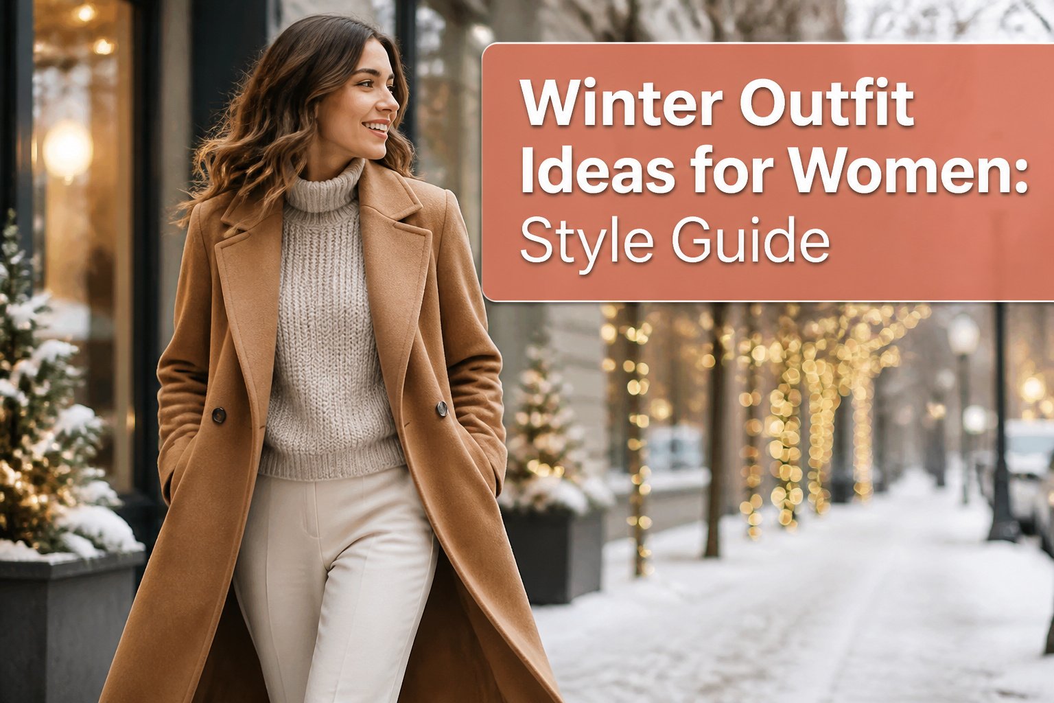 A woman wearing multiple winter outfits in an urban environment.
