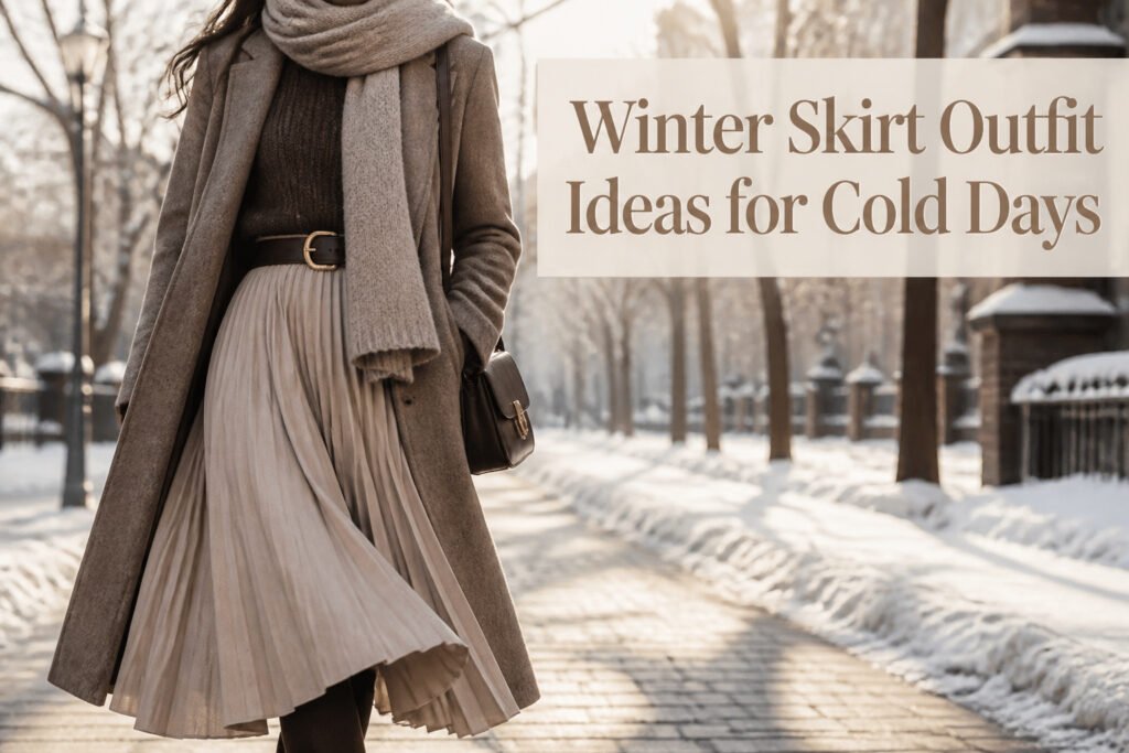 A woman modeling different winter skirt outfits in a stylish setting.