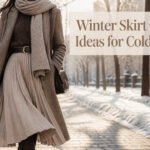 A woman modeling different winter skirt outfits in a stylish setting.
